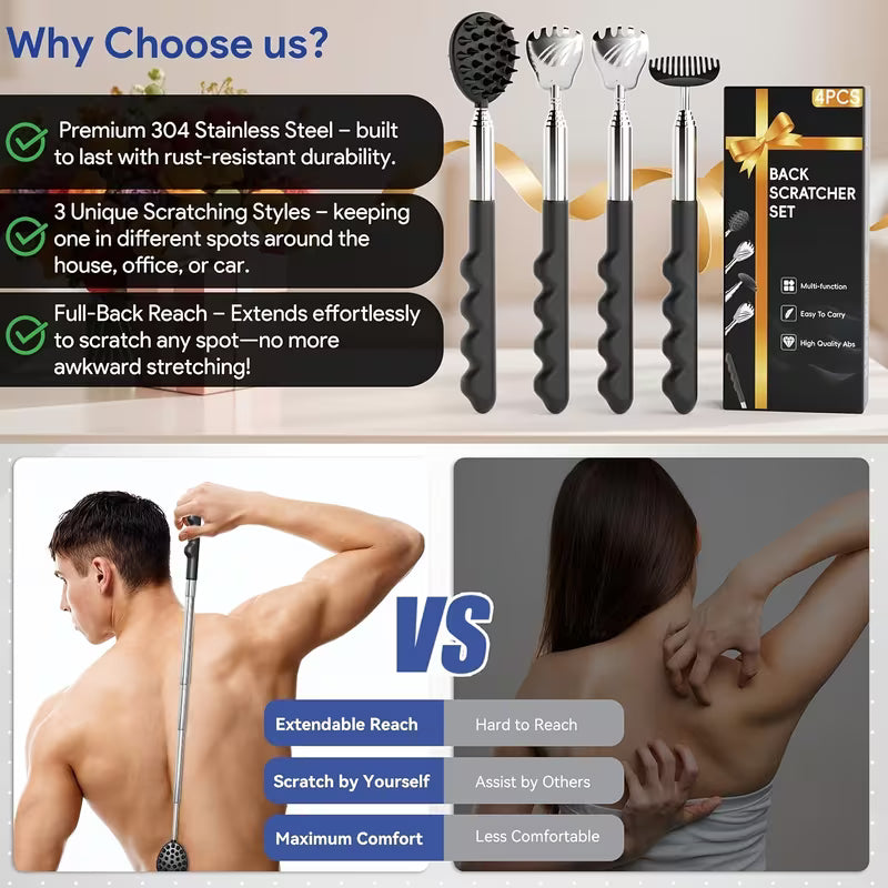 4-in-1 Back Scratcher with Telescoping Pole & Multi- Design