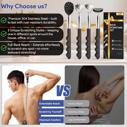 4-in-1 Back Scratcher with Telescoping Pole & Multi- Design